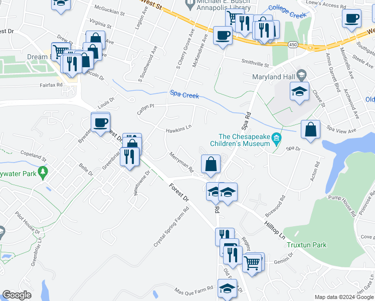 map of restaurants, bars, coffee shops, grocery stores, and more near 43 Heritage Court in Annapolis