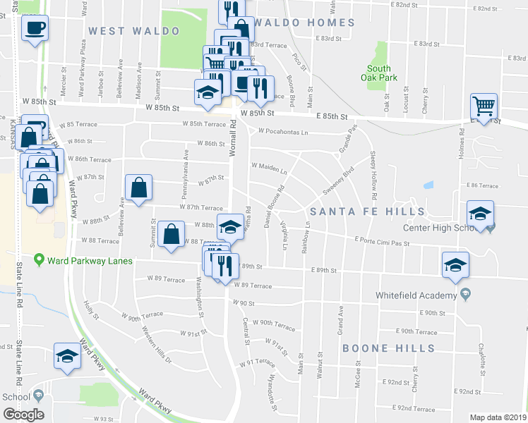 map of restaurants, bars, coffee shops, grocery stores, and more near 211 Sweeney Boulevard in Kansas City