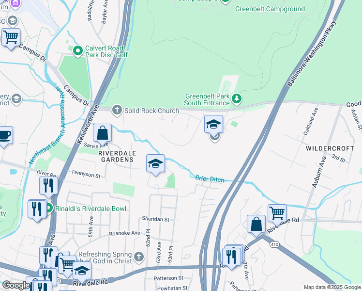 map of restaurants, bars, coffee shops, grocery stores, and more near Silk Tree Drive in Riverdale Park