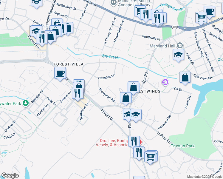 map of restaurants, bars, coffee shops, grocery stores, and more near 39 Heritage Court in Annapolis