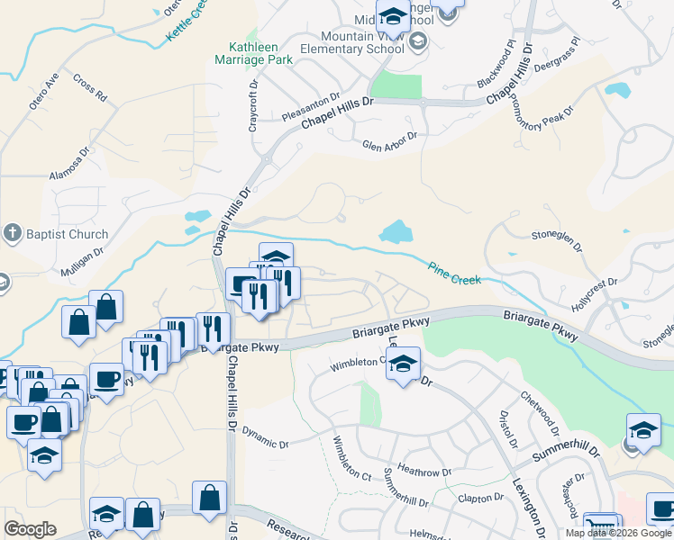 map of restaurants, bars, coffee shops, grocery stores, and more near 2540 Pine Valley View in Colorado Springs