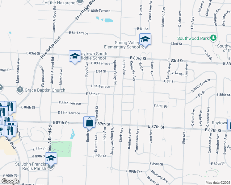 map of restaurants, bars, coffee shops, grocery stores, and more near 8711 East 84 Terrace in Raytown
