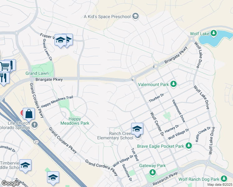 map of restaurants, bars, coffee shops, grocery stores, and more near 9659 Wickmere Drive in Colorado Springs
