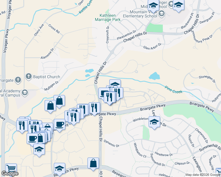 map of restaurants, bars, coffee shops, grocery stores, and more near 2396 Pine Valley View in Colorado Springs