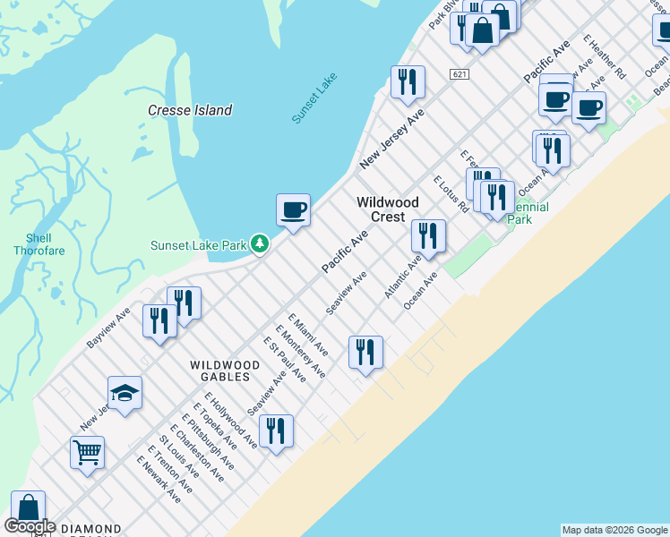map of restaurants, bars, coffee shops, grocery stores, and more near 120 Farragut Road in Wildwood Crest