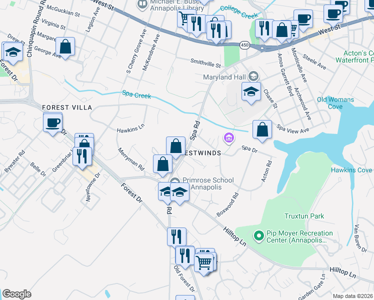 map of restaurants, bars, coffee shops, grocery stores, and more near 0 Annapolis Street in Annapolis