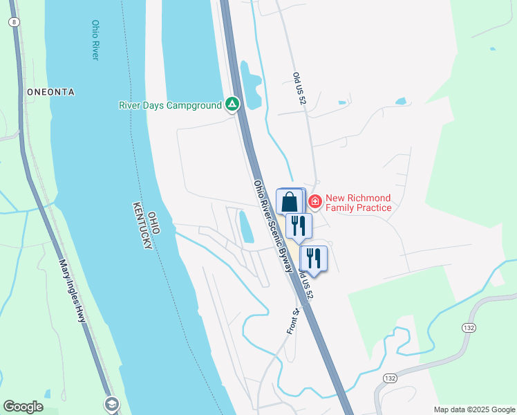 map of restaurants, bars, coffee shops, grocery stores, and more near 1031 Old US 52 in New Richmond
