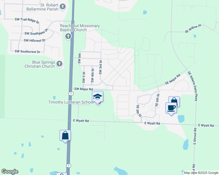 map of restaurants, bars, coffee shops, grocery stores, and more near 278 Southwest Carson Drive in Blue Springs