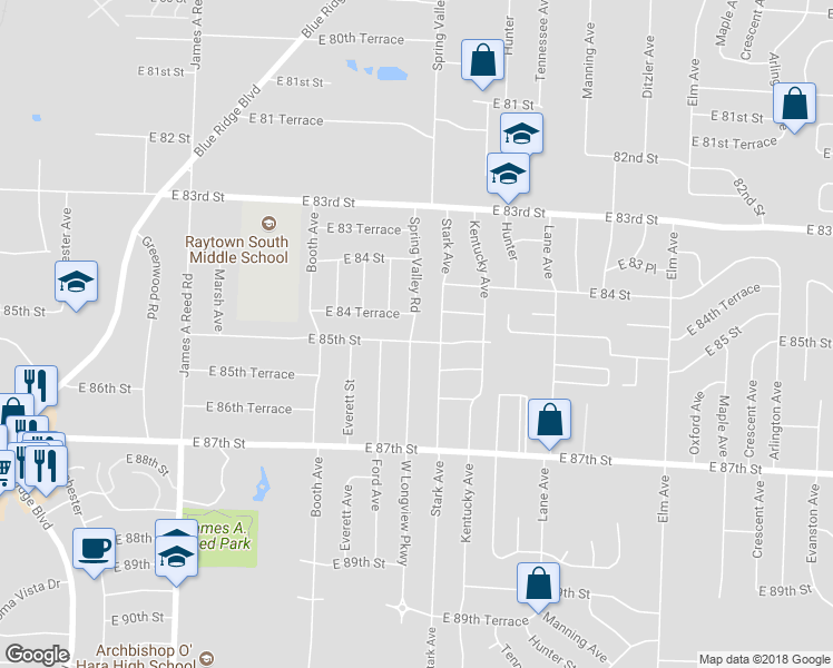 map of restaurants, bars, coffee shops, grocery stores, and more near 8711 East 84 Terrace in Raytown