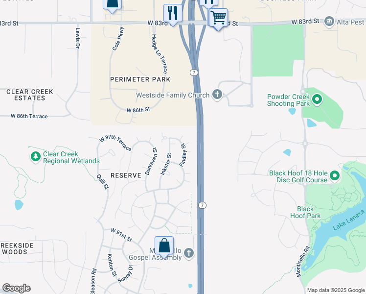 map of restaurants, bars, coffee shops, grocery stores, and more near 5342 West 87th Terrace in Shawnee