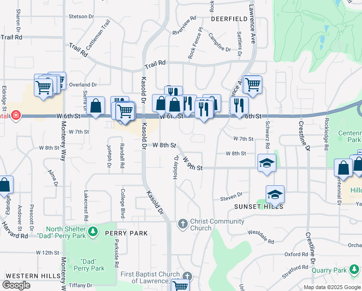 map of restaurants, bars, coffee shops, grocery stores, and more near 3308 West 8th Street in Lawrence