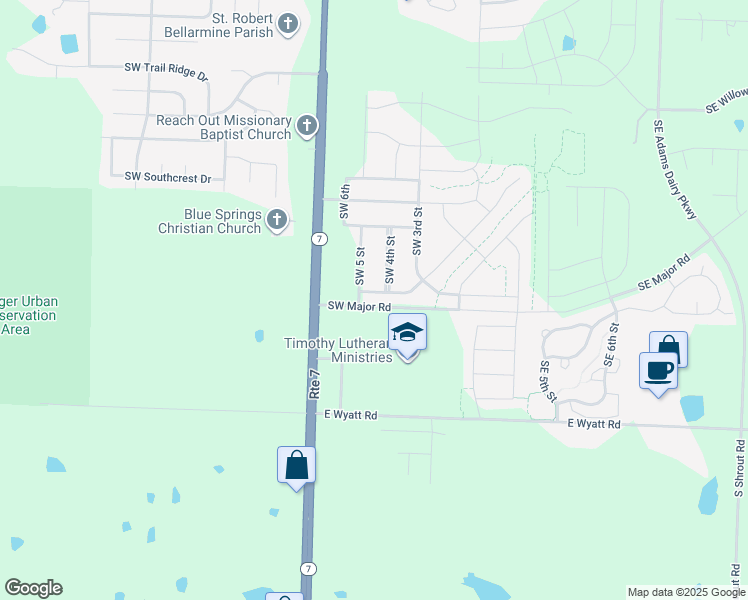 map of restaurants, bars, coffee shops, grocery stores, and more near 410 Southwest Carson Drive in Blue Springs