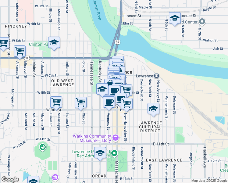 map of restaurants, bars, coffee shops, grocery stores, and more near 735 Massachusetts Street in Lawrence