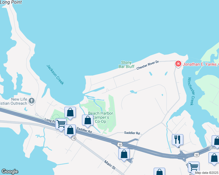 map of restaurants, bars, coffee shops, grocery stores, and more near 204 Canal Street in Grasonville