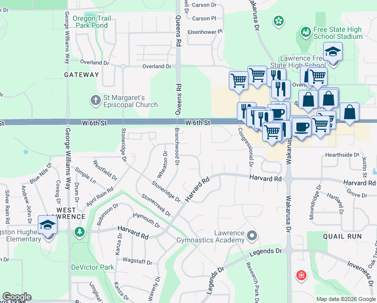 map of restaurants, bars, coffee shops, grocery stores, and more near 5213 Branchwood Court in Lawrence