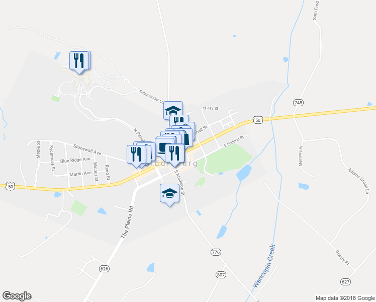 map of restaurants, bars, coffee shops, grocery stores, and more near 105 East Washington Street in Middleburg