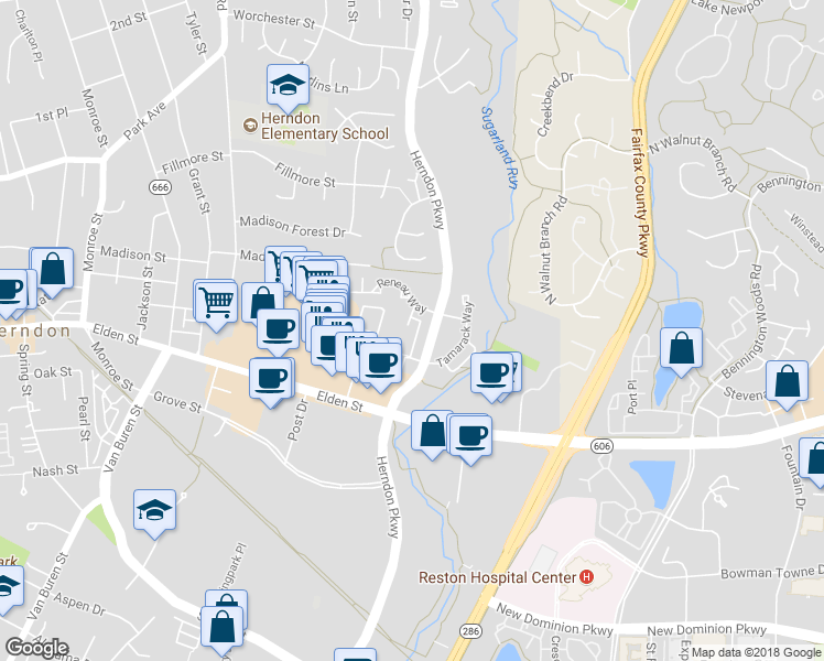 map of restaurants, bars, coffee shops, grocery stores, and more near 761 Cordell Way in Herndon