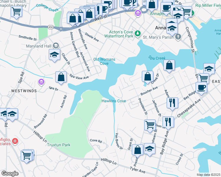 map of restaurants, bars, coffee shops, grocery stores, and more near 14 Spa Creek Landing in Annapolis