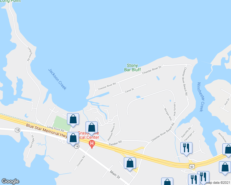 map of restaurants, bars, coffee shops, grocery stores, and more near 204 Canal Street in Grasonville