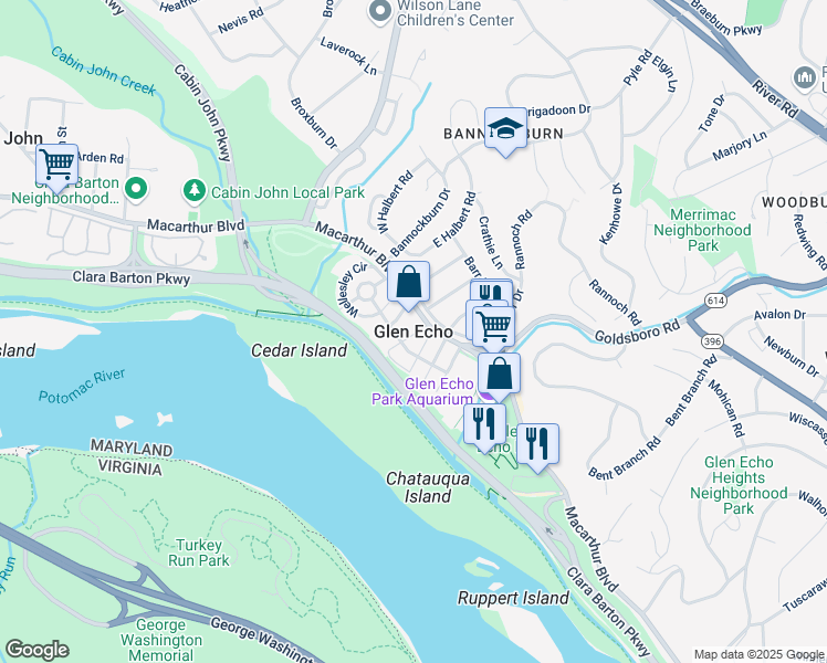 map of restaurants, bars, coffee shops, grocery stores, and more near in Glen Echo