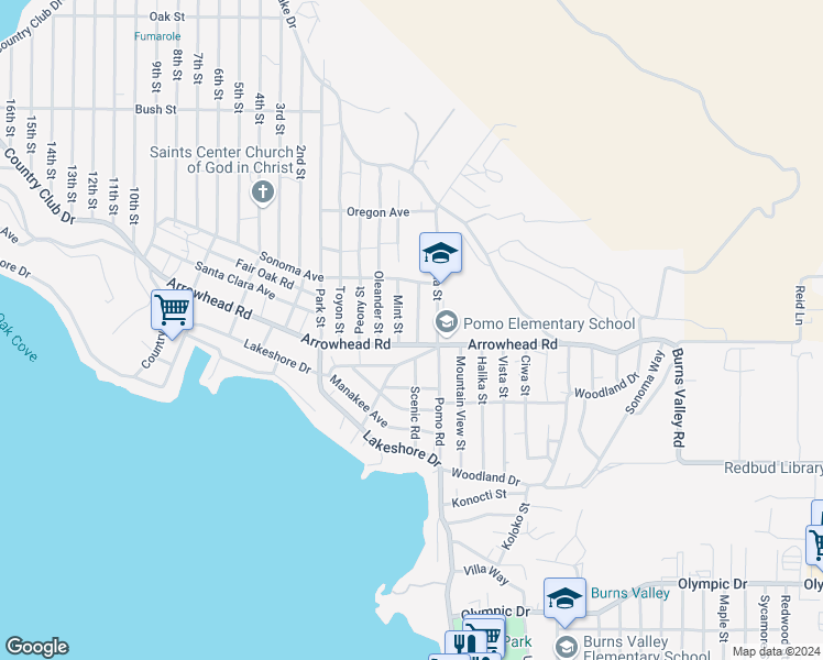 map of restaurants, bars, coffee shops, grocery stores, and more near 3669 Boxwood Street in Clearlake