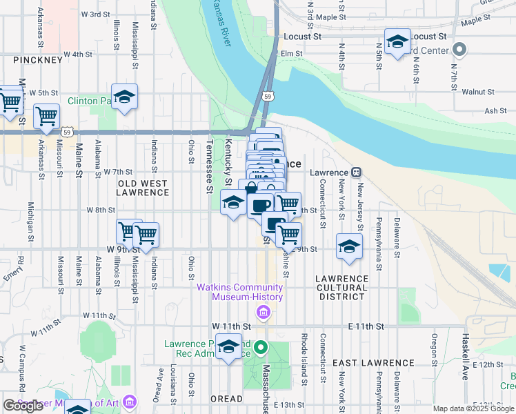 map of restaurants, bars, coffee shops, grocery stores, and more near 735 Massachusetts Street in Lawrence
