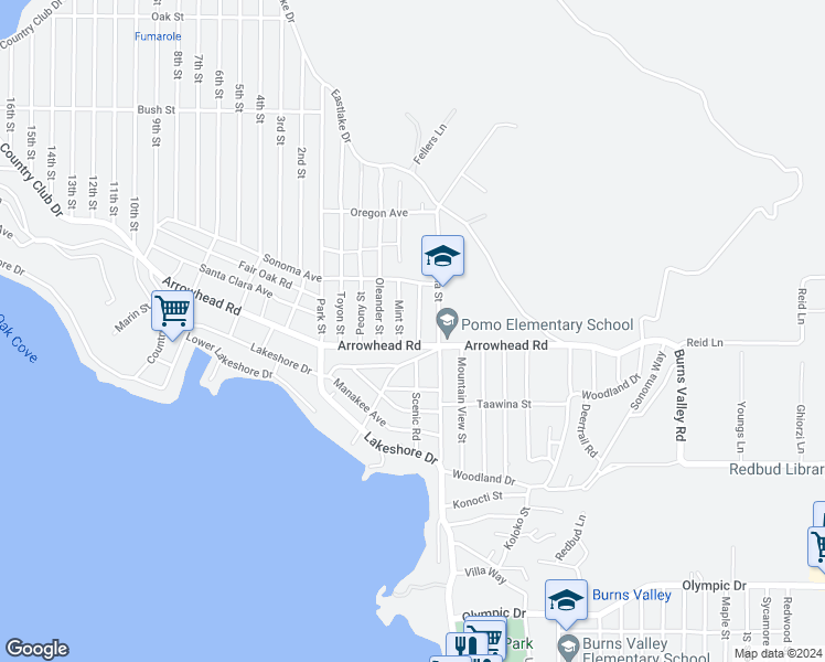 map of restaurants, bars, coffee shops, grocery stores, and more near 3669 Boxwood Street in Clearlake