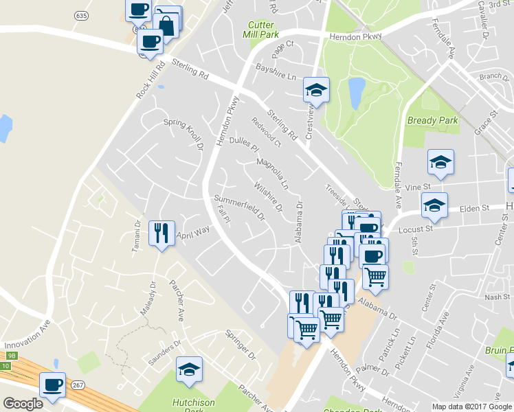 map of restaurants, bars, coffee shops, grocery stores, and more near 1228 Summerfield Drive in Herndon
