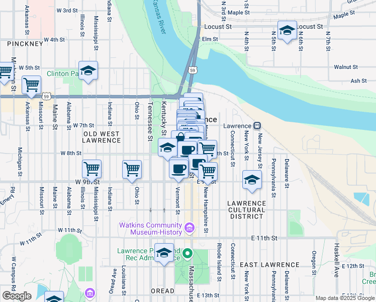 map of restaurants, bars, coffee shops, grocery stores, and more near 10 West 8th Street in Lawrence
