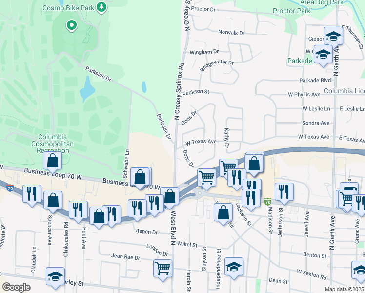 map of restaurants, bars, coffee shops, grocery stores, and more near 920 West Texas Avenue in Columbia
