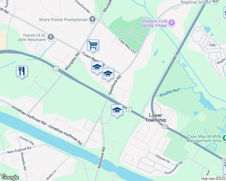 map of restaurants, bars, coffee shops, grocery stores, and more near 843 Seashore Road in Cape May