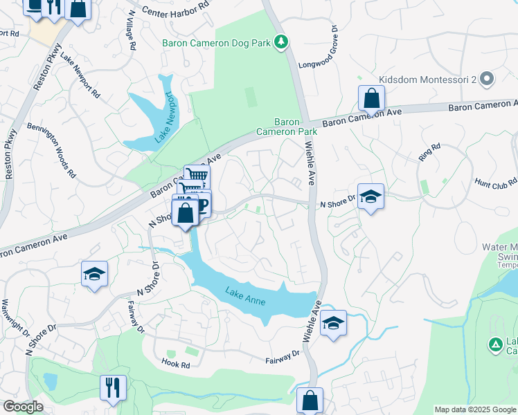 map of restaurants, bars, coffee shops, grocery stores, and more near 11301 North Shore Drive in Reston