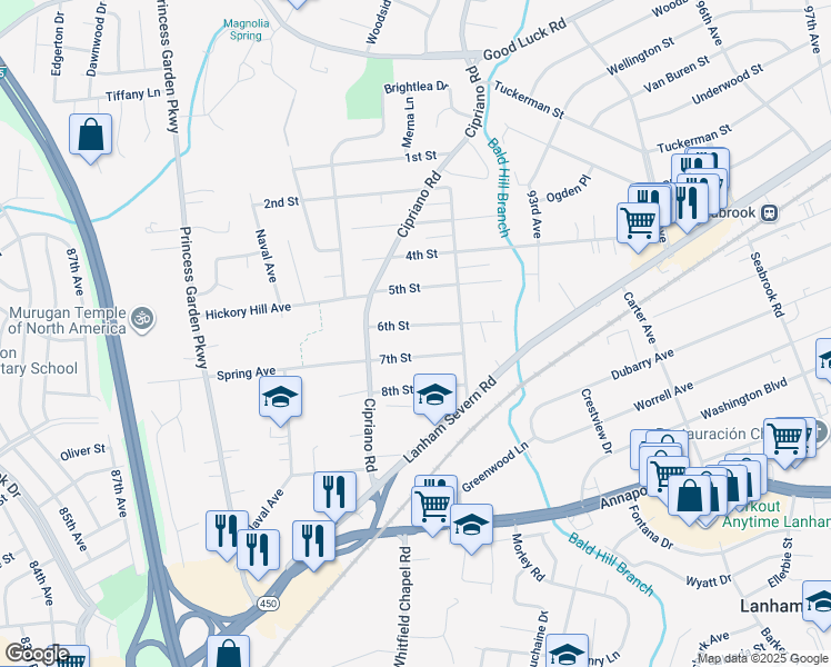 map of restaurants, bars, coffee shops, grocery stores, and more near 9119 6th Street in Lanham