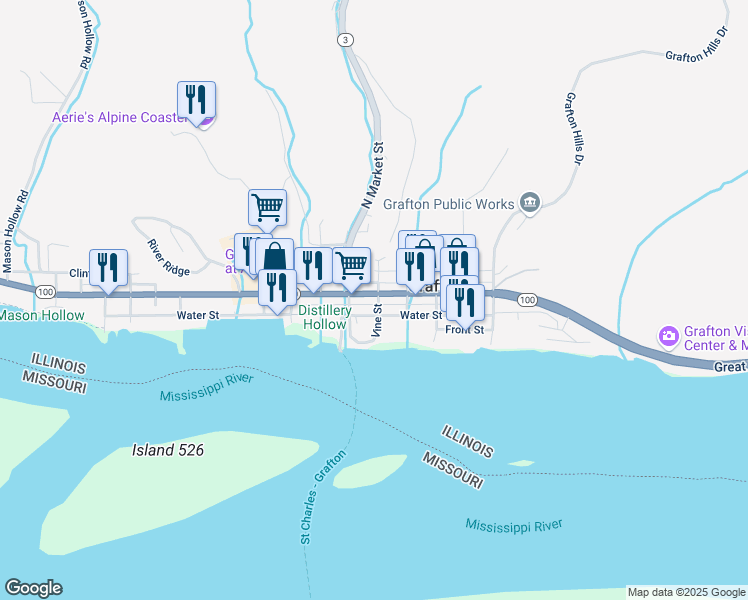 map of restaurants, bars, coffee shops, grocery stores, and more near 25 East Main Street in Grafton