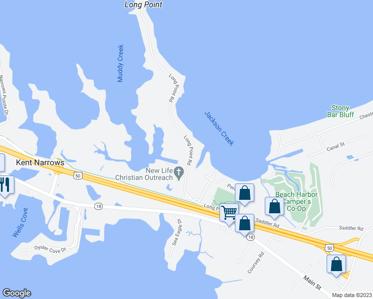 map of restaurants, bars, coffee shops, grocery stores, and more near 707 Long Point Road in Grasonville