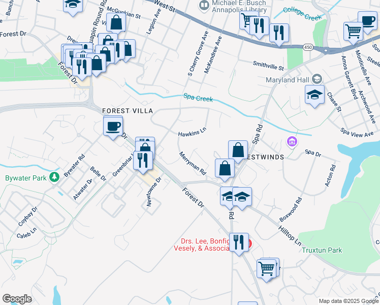 map of restaurants, bars, coffee shops, grocery stores, and more near 13 Heritage Court in Annapolis