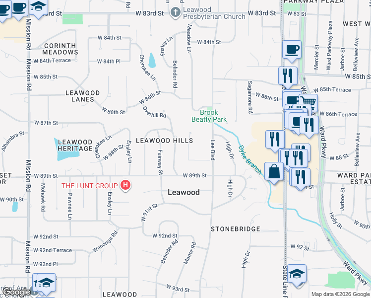 map of restaurants, bars, coffee shops, grocery stores, and more near 8716 Meadow Lane in Leawood