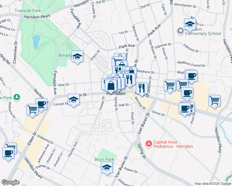 map of restaurants, bars, coffee shops, grocery stores, and more near in Herndon