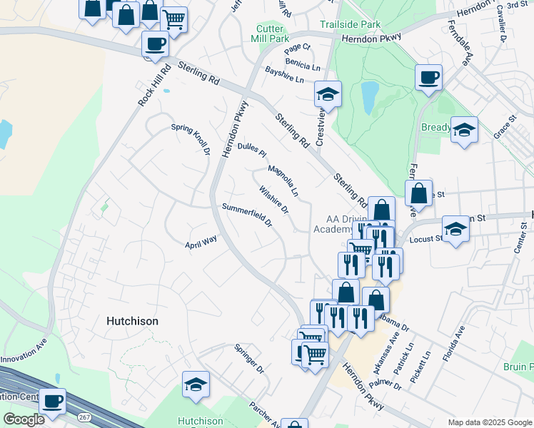 map of restaurants, bars, coffee shops, grocery stores, and more near 1228 Summerfield Drive in Herndon