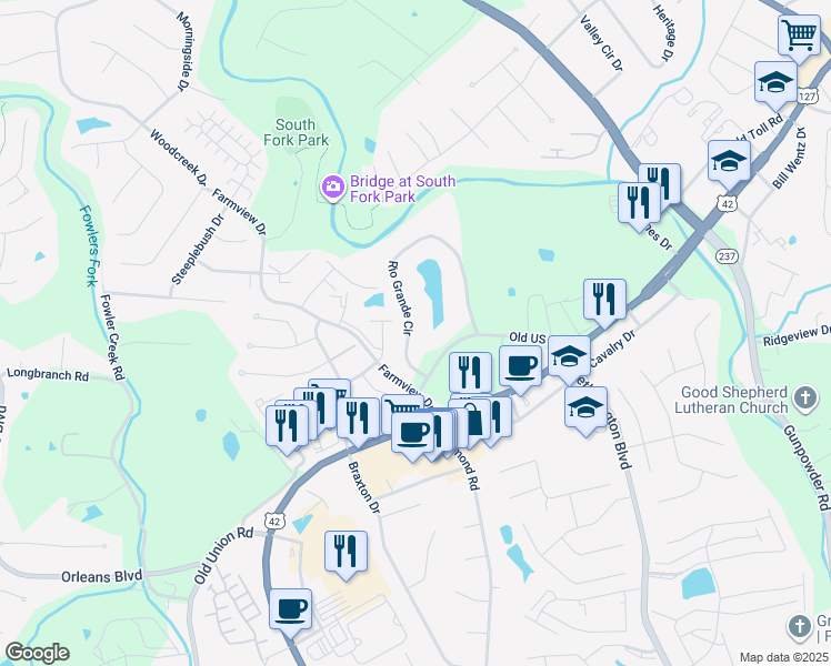 map of restaurants, bars, coffee shops, grocery stores, and more near 16 Rio Grande Circle in Florence