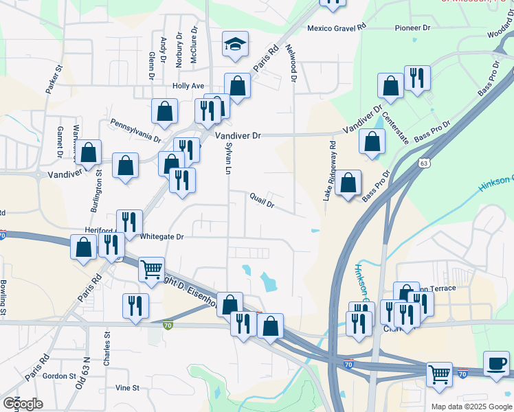 map of restaurants, bars, coffee shops, grocery stores, and more near 2504 Quail Drive in Columbia