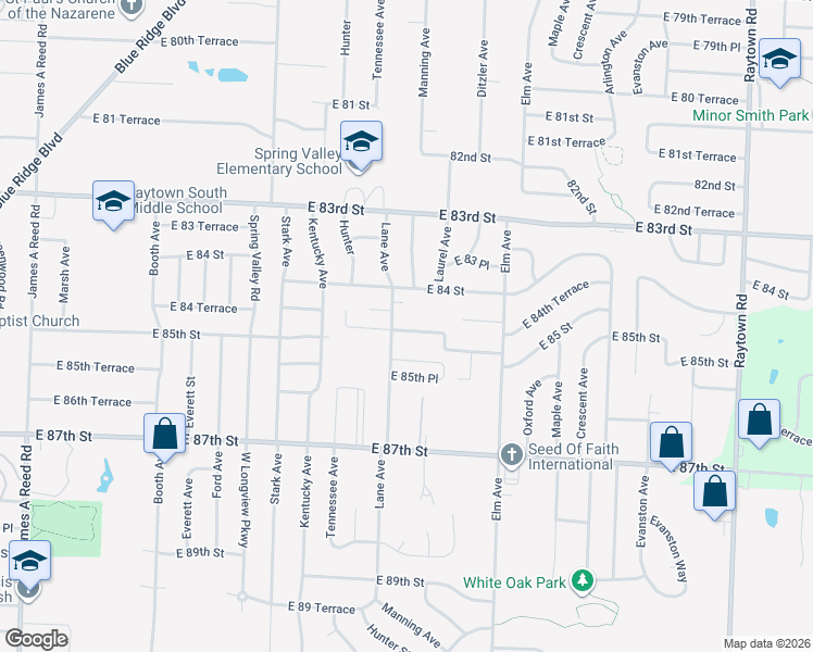 map of restaurants, bars, coffee shops, grocery stores, and more near 8434 Lane Place in Raytown