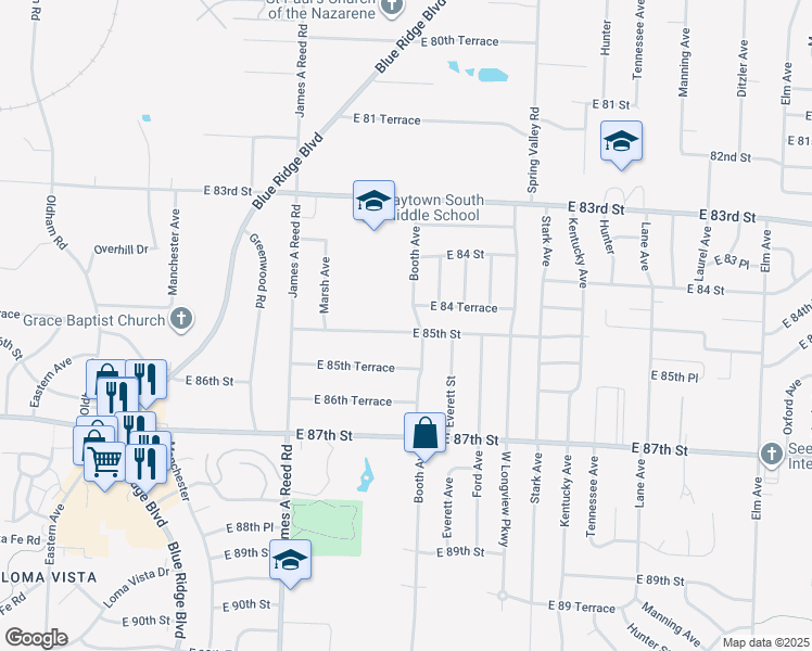 map of restaurants, bars, coffee shops, grocery stores, and more near 8417 Booth Avenue in Raytown