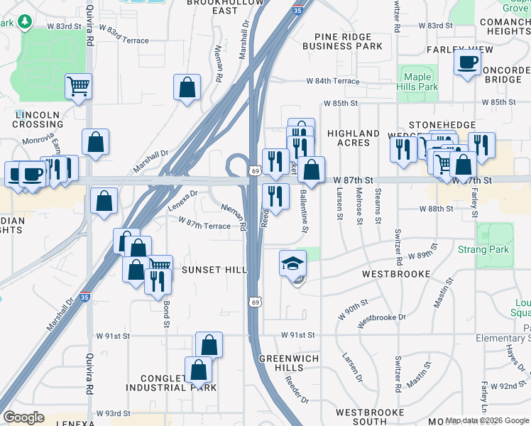 map of restaurants, bars, coffee shops, grocery stores, and more near 8700-8798 Reeder St in Overland Park