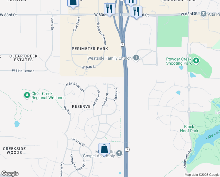 map of restaurants, bars, coffee shops, grocery stores, and more near 5342 West 87th Terrace in Shawnee