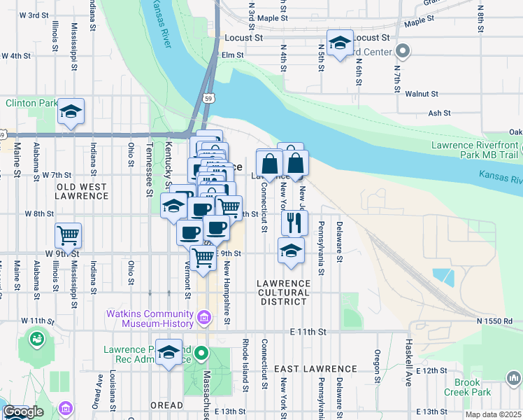 map of restaurants, bars, coffee shops, grocery stores, and more near 732 Connecticut Street in Lawrence