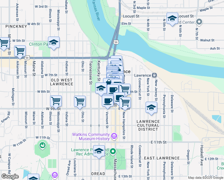 map of restaurants, bars, coffee shops, grocery stores, and more near 735 Massachusetts Street in Lawrence