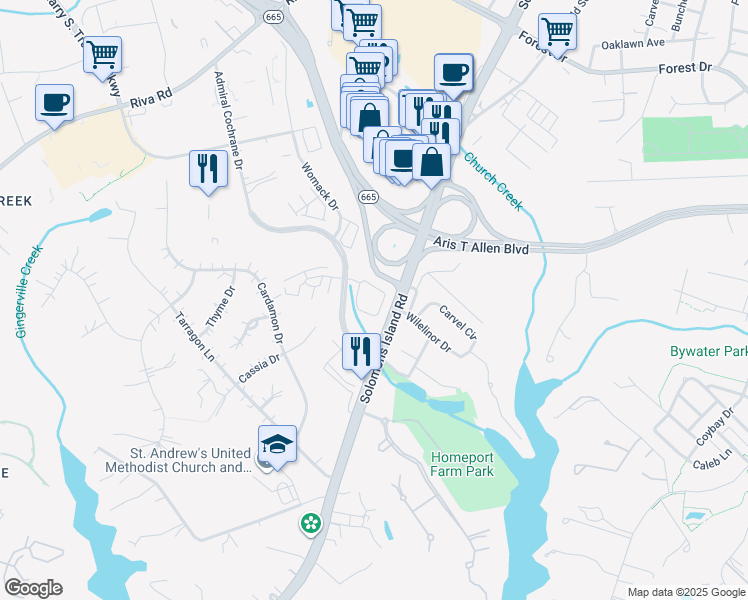map of restaurants, bars, coffee shops, grocery stores, and more near 251 Admiral Cochrane Drive in Annapolis
