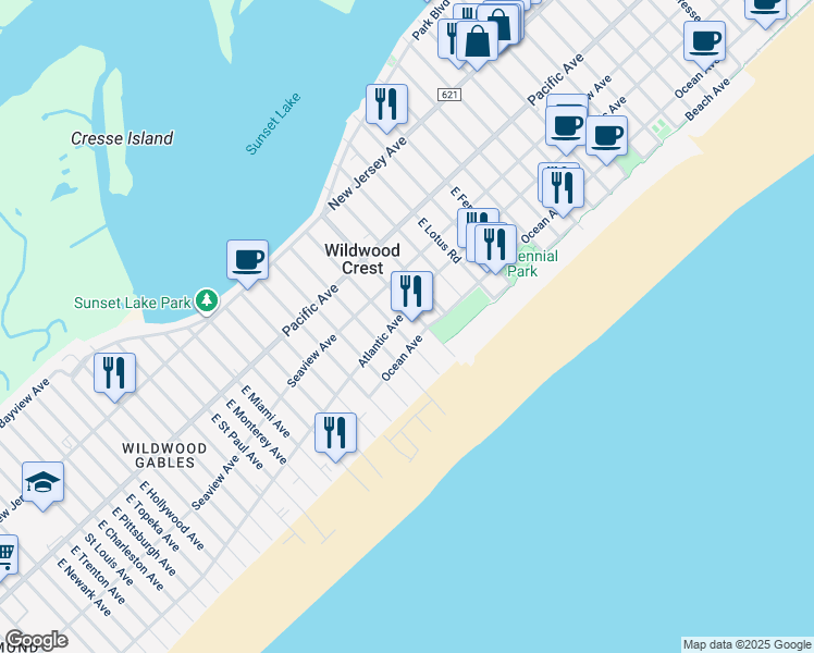 map of restaurants, bars, coffee shops, grocery stores, and more near 7203 Atlantic Avenue in Wildwood