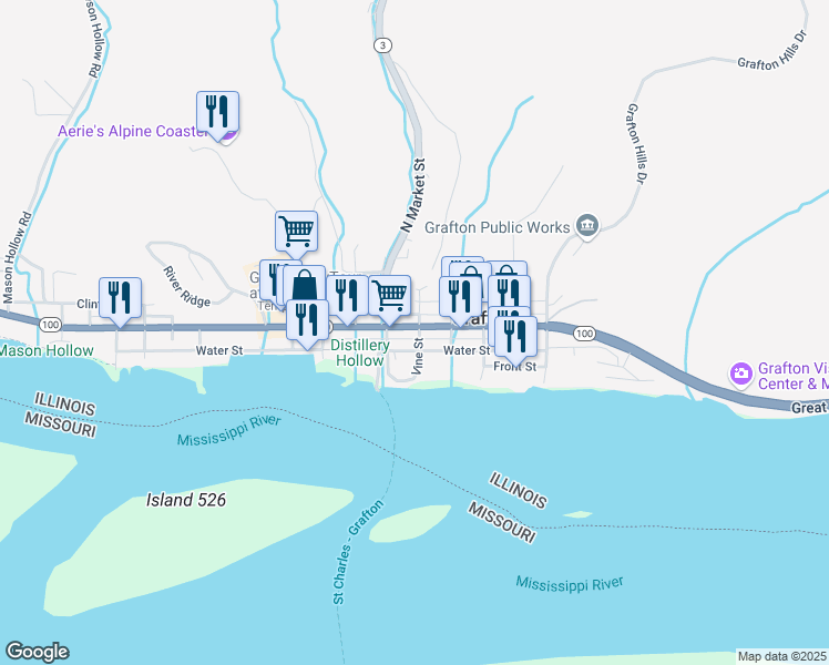 map of restaurants, bars, coffee shops, grocery stores, and more near 25 East Main Street in Grafton
